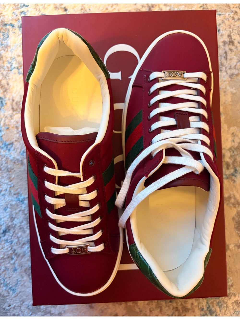Gucci Burgundy Nylon Ace Leather Sneakers